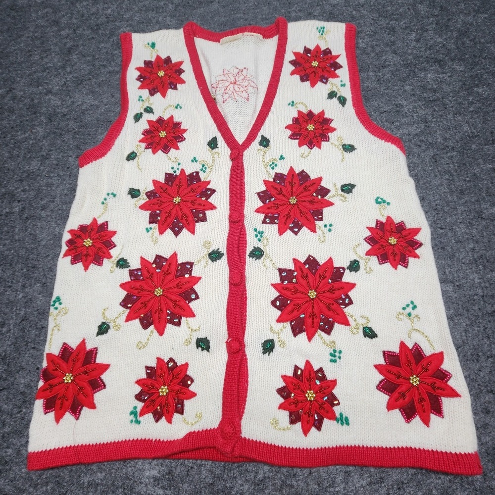 Bobbie Brooks Christmas Holiday Poinsettia Knitted Cardigan Sweater Vest Medium